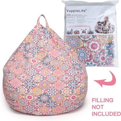 YuppieLife Kids Storage Bean Bag Cover（No Filling） Toy Organizer|Carrying Handle Sofa|Available for Kids and Teenager|Cuddle Chair|Machine Washable and Durable（38“,Pink flowers）