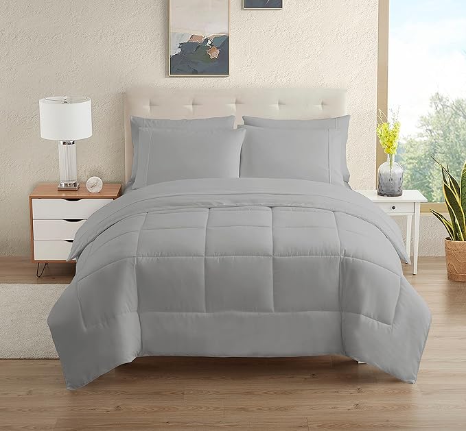 Dorm Room Essentials College Bedding Comforter Set 7 Piece Full Size Bed in a Bag for College Students Boys and Girls, Full, Silver