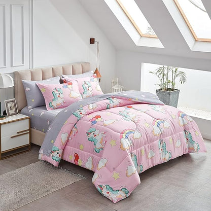 UOZZI BEDDING Kids Girls Bed in a Bag 6 Pieces Twin Size Unicorn Pink Colorful Comforter Set - (1 Soft Microfiber, Reversible Comforter, 2 Pillow Shams, 1 Flat Sheet, 1 Fitted Sheet, 1 Pillowcases)