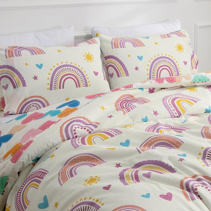 Btargot Lightweight Soft 3 Piece Rainbow Comforter Set with 2 Pillow Covers, Cartoon Love Hearts Suns and Stars Bedding Set for Girls Boys Kids, Full Purple