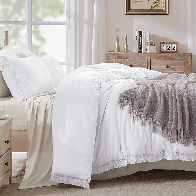 Andency White Comforter Set Full, 3 Pieces Boho Lightweight Bedding Comforters & Sets, All Season Soft Fluffy Tassel Bed Set (79x90In Comforter & 2 Pillowcases)