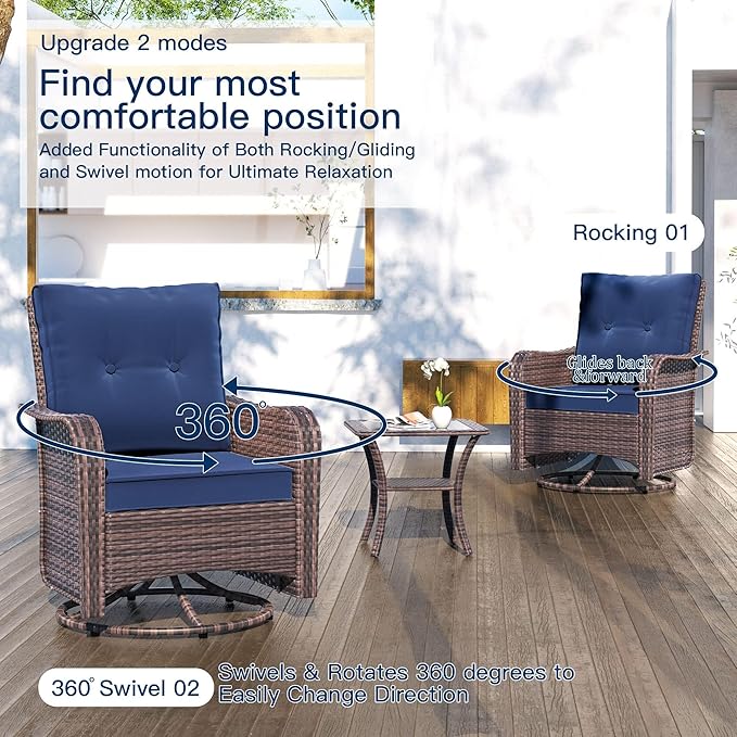 Kullavik 10PCS Outdoor Patio Furniture Set,PE Wicker Rattan Sectional Sofa Patio Conversation Sets with 43" 55000BTU Gas Propane Fire Pit Table,Swivel Rocking Chairs Set,Dark Blue