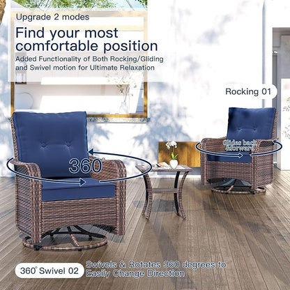 Kullavik 10PCS Outdoor Patio Furniture Set,PE Wicker Rattan Sectional Sofa Patio Conversation Sets with 43" 55000BTU Gas Propane Fire Pit Table,Swivel Rocking Chairs Set,Dark Blue