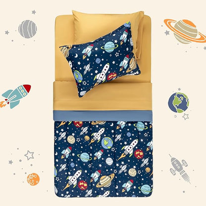 SLEEP ZONE Kids Bedding Comforter Set Full/Queen Size - Super Cute & Soft Kids Bedding 7 Pieces Set with Comforter, Sheet, Pillowcase & Sham (Rocket Galaxy)