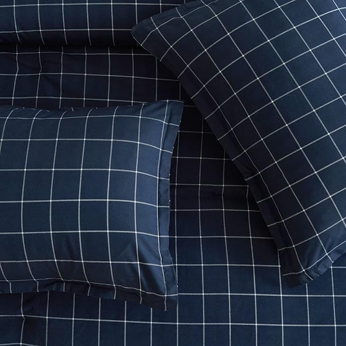 Andency Navy Grid Comforter Set Twin Size (66x90 Inch), 2 Pieces(1 Grid Comforter and 1 Pillowcase), Summer Lightweight Microfiber Down Alternative Navy Comforter with White Lines for Kids Girls