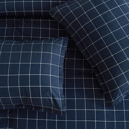 Andency Navy Grid Comforter Set Queen Size (90x90 Inch), 3 Pieces(1 Grid Comforter and 2 Pillowcases), Summer Lightweight Microfiber Down Alternative Navy Comforter with White Lines