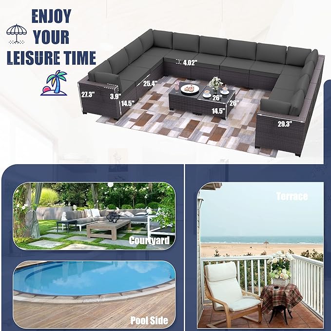 Patio Furniture Set 14-Pieces Outdoor Furniture for Backyard Wicker Sectional Sofa Set, Rattan Patio Conversation Set with Thickened Cushions and Glass Coffee Table, Grey