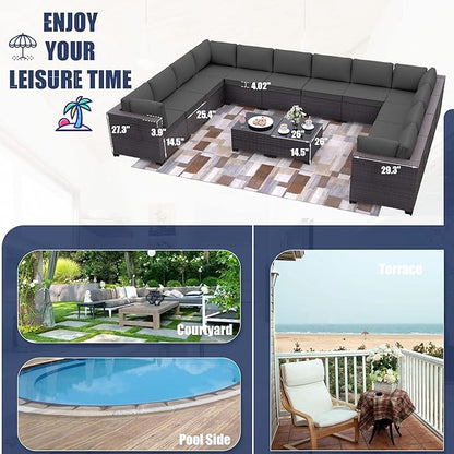 Patio Furniture Set 14-Pieces Outdoor Furniture for Backyard Wicker Sectional Sofa Set, Rattan Patio Conversation Set with Thickened Cushions and Glass Coffee Table, Grey