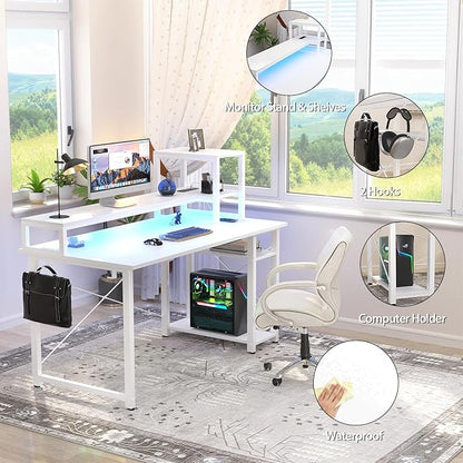 Gaming Desk with Lights & Power Outlets, 47.2' Computer Desk with Shelves, Small Desk for Small Space, Writing Desk with Monitor Stand, White