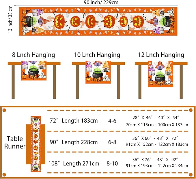 Halloween Table Runner, Halloween Table Runner 90 Inches Long, Halloween Pumpkins Gnomes Runners for Table, Black Cat Spider Web Holiday Decor Burlap Runner Rug for Home Decorations Dining Room