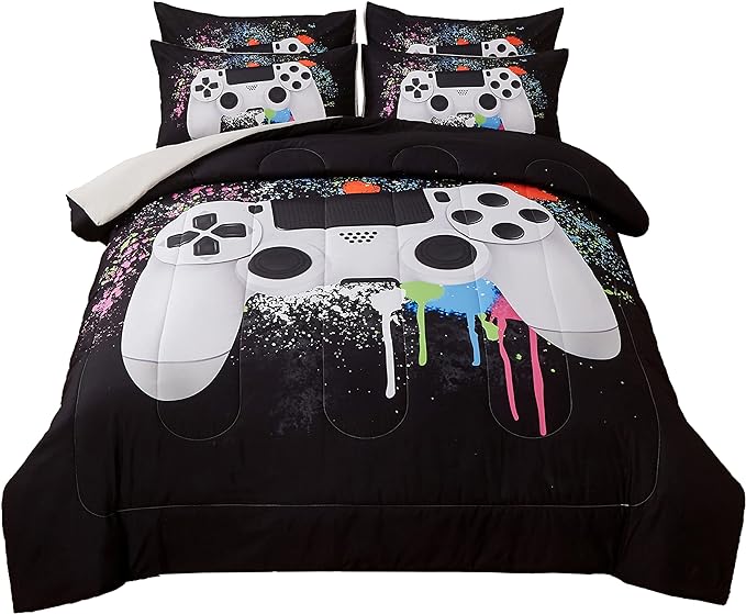 Gamer Bedding Sets for Boys, Twin Size 2-Piece Gaming Comforter Sets for Kids Teens, Soft Microfiber Video Game Bedding Sets for Game Lovers, 1 Comforter and 1 Pillowcase(White,Twin)