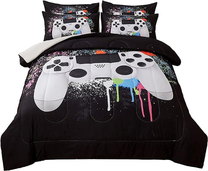 Gamer Bedding Sets for Boys, Twin Size 2-Piece Gaming Comforter Sets for Kids Teens, Soft Microfiber Video Game Bedding Sets for Game Lovers, 1 Comforter and 1 Pillowcase(White,Twin)