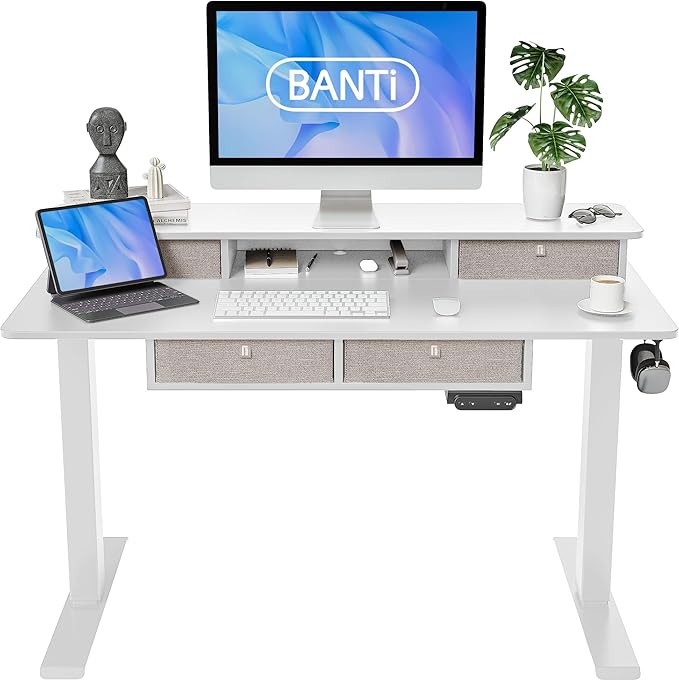 BANTI Height Adjustable Electric Standing Desk with 4 Drawers, 48 x 24 Inch Table with Storage Shelf, Sit Stand Desk, White Top