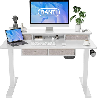 BANTI Height Adjustable Electric Standing Desk with 4 Drawers, 48 x 24 Inch Table with Storage Shelf, Sit Stand Desk, White Top