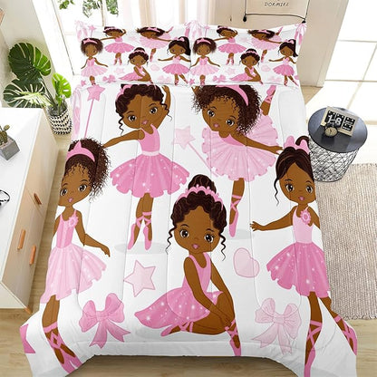 Full Bedding Sets for Girls, African American Magic Comforter Set with Ballet Dancer, Pink Bed Set for Kids Teens, Little Girls Bedroom Decor
