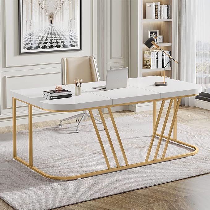 63 inches Executive Desk, Home Office Computer Desk, Modern Large Conference Table with Gold Metal Frame, Bussiness Furniture for Work Writing