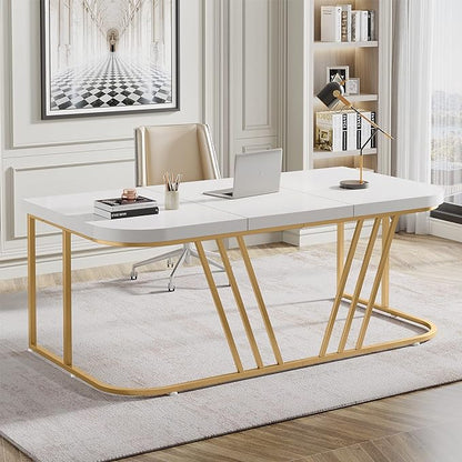 63 inches Executive Desk, Home Office Computer Desk, Modern Large Conference Table with Gold Metal Frame, Bussiness Furniture for Work Writing