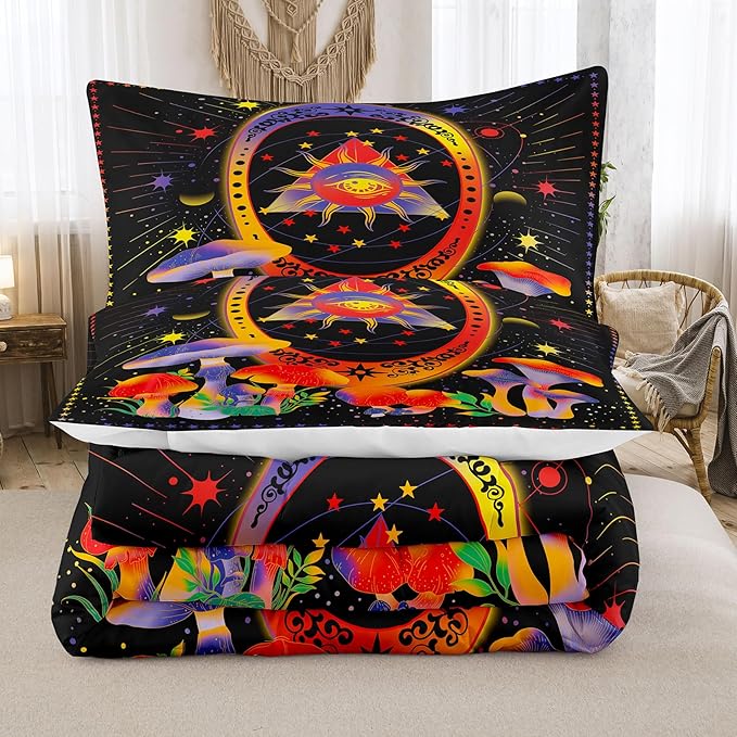 Tailor Shop Celestial Bedding Twin Size,Sun and Moon Bedding for Boys Girls Kids Teens, Mushroom Comforter Gothic Comforter Witchy Comforter Boho Exotic Black Bed with 1 Pillowcases