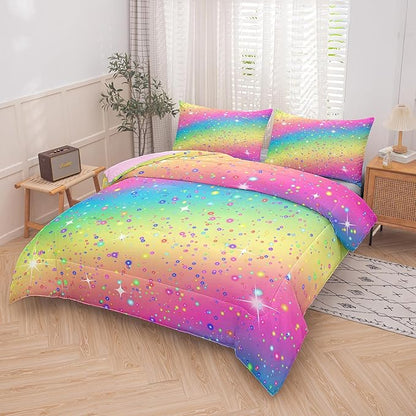 Kids Queen Bedding Sets for Girls, Pink Blue Yellow Glitter Pastel Bedding Set for All Season, Colorful Glitter Stars Bedding Set for Kids Teens (Queen, 3 Pieces)