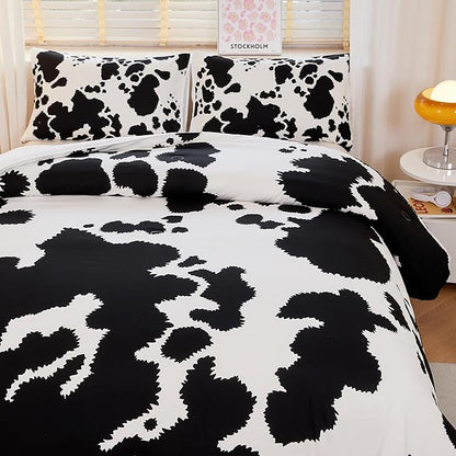Cow Print Bedding Set Queen,Queen Size Cow Print Comforter Sets,Boys Bedding Set Queen,Black and White Color Comforter,Cow Room Decor