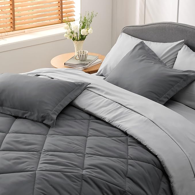 Bedsure Dark Grey Full Size Comforter Set - 7 Pieces Reversible Full Bed in a Bag, Full Bed Set Dark Grey with Comforters, Sheets, Pillowcases & Shams