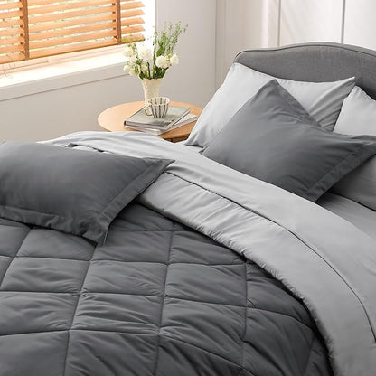 Bedsure Dark Grey Full Size Comforter Set - 7 Pieces Reversible Full Bed in a Bag, Full Bed Set Dark Grey with Comforters, Sheets, Pillowcases & Shams