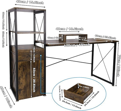 Becko US Computer Desk 63 Inch with Drawer & Storage Shelves, Home Office Desk with Removable Monitor Stand, Writing Gaming Table for Home Office (Rustic Brown)