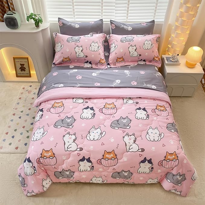 7 Piece Girls Cats Comforter Set Twin Size Bed in A Bag Pink Cute Cartoon Pet Cat Bedding Set for Kids Boys Teens (1 Comforter, 1 Flat Sheet, 1 Fitted Sheet, 4 Pillow Sham) Gray