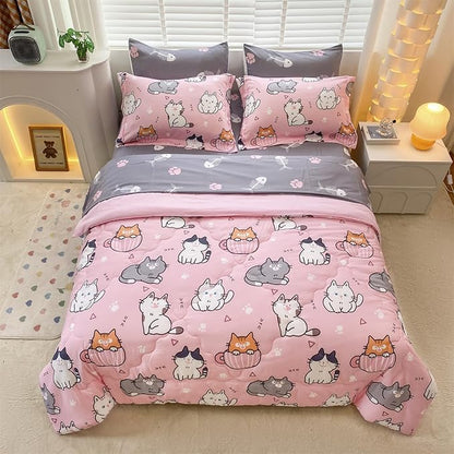 7 Piece Girls Cats Comforter Set Twin Size Bed in A Bag Pink Cute Cartoon Pet Cat Bedding Set for Kids Boys Teens (1 Comforter, 1 Flat Sheet, 1 Fitted Sheet, 4 Pillow Sham) Gray