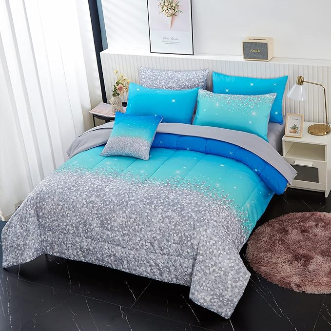 inron 4Pcs Aqua Gradient Twin Bedding Sets for Girls,Aqua Glitter All-Season Girls Comforter Set, Ultra Soft Girls Bedding Set(Aqua,Twin)