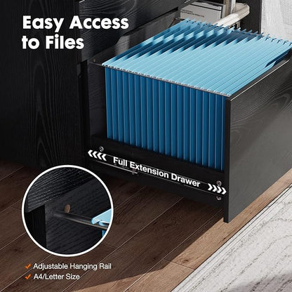Sweetcrispy 3 Drawer File Cabinet Organizer Lateral Printer Stand Rolling Desk with Adjustable Storage Shelves for Office Home Small Space, Black Wood