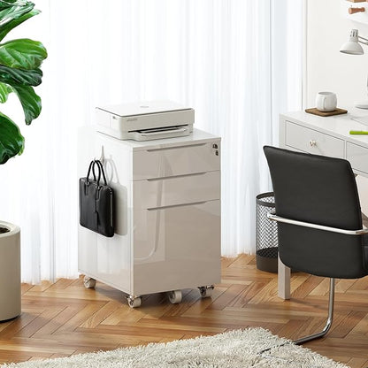 ChooChoo High Gloss File Cabinet with Lock,3 Drawer Rolling Filing Cabinet Fits Legal Size/A4/Letter, Under Desk File Cabinet with Hook for Home Office,White