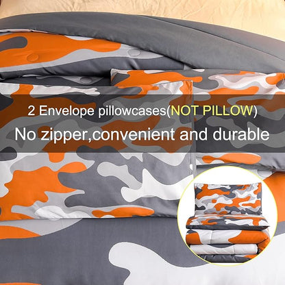 Meeting Story Kids Camo Bedding Set, Army Camouflage Bedding King Comforter Set for Boys Girls Teens Bedroom Decoration, 3Pcs (Orange, King)