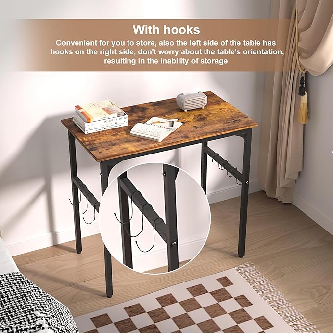 VECELO 32 Inch Small Computer Stable Writing Study Work 4 Hooks Adjustable Feet Wooden Desk for Home,Bedroom,Rusic Brown, 32Inches