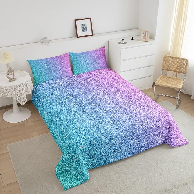 Colorful Glitter Bedding Twin Girly Turquoise Teal Blue Pink Pastel Girls Comforter Set 2 Pcs Trendy Quilt Duvet for Kid Women Down Comforter with Sparkle Sequin Pattern Bling Bedroom Decor Bed Cover