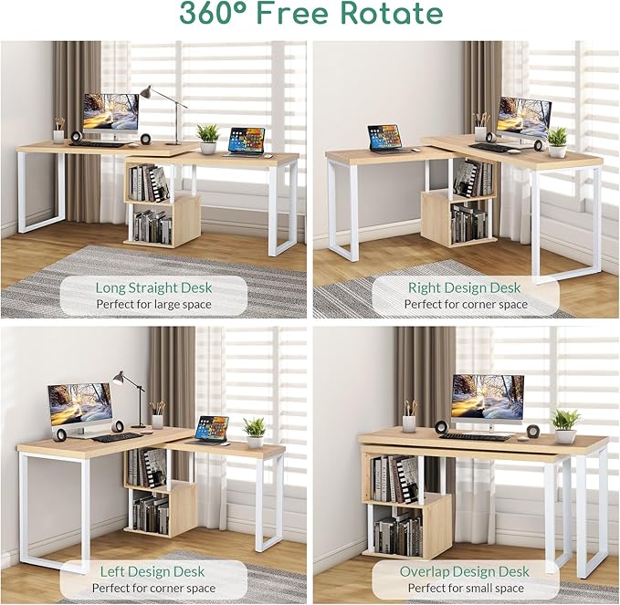 Airdown 55 Inch Reversible L Shaped Home Office Computer Desk with 2-Tier Storage Shelf for Bedroom, Dorm, Study Room, Light Oak