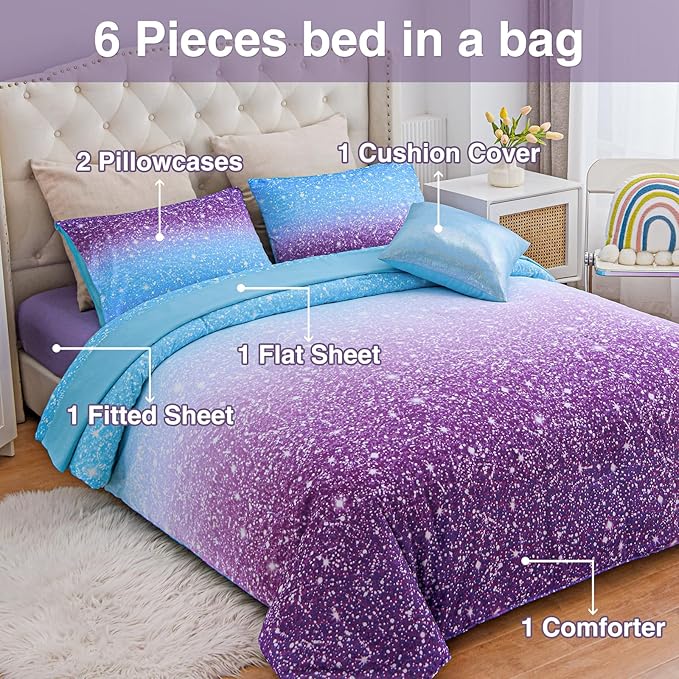 A Nice Night Girls Comforter Set Twin Size 6 Piece Bed in A Bag 3D Colorful Sparkle Galaxy Rainbow Bedding Comforter Sheet Sets for Kids,BluePurple