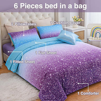 A Nice Night Girls Comforter Set Twin Size 6 Piece Bed in A Bag 3D Colorful Sparkle Galaxy Rainbow Bedding Comforter Sheet Sets for Kids,BluePurple