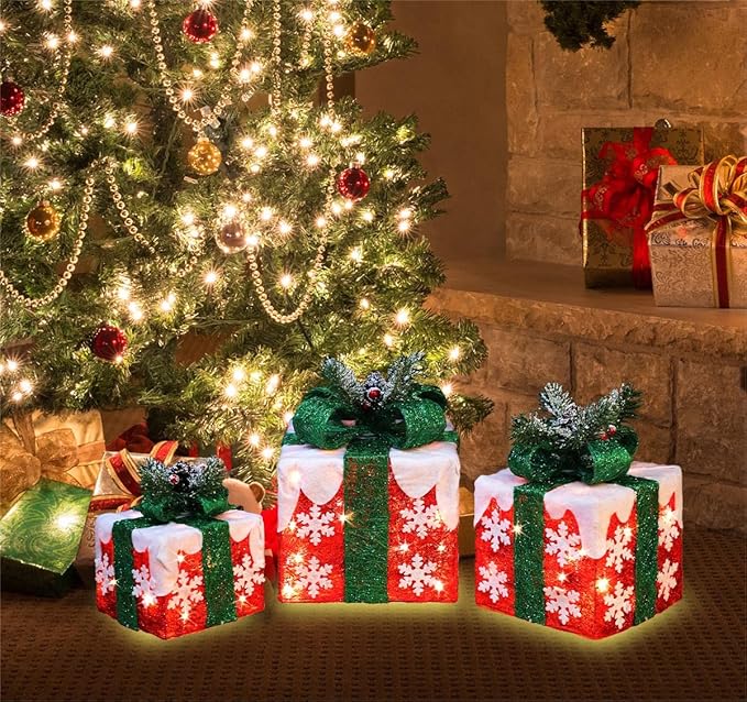 [Large 10"x8.5"x6.5" Christmas Set of 3 Lighted Gift Boxes Decorations Pre-lit 70 Super-Bright LED with Flashers,for Indoor Outdoor Christmas Tree Skirt Ornament Pathway Holiday Party Home