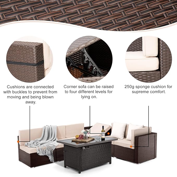 Pamapic 8 Pieces Patio Conversation Sets with fire Pit, Patio Furniture Sectional Sofa with Gas Fire Pit Table (Brown Wicker,Beige Cushions)