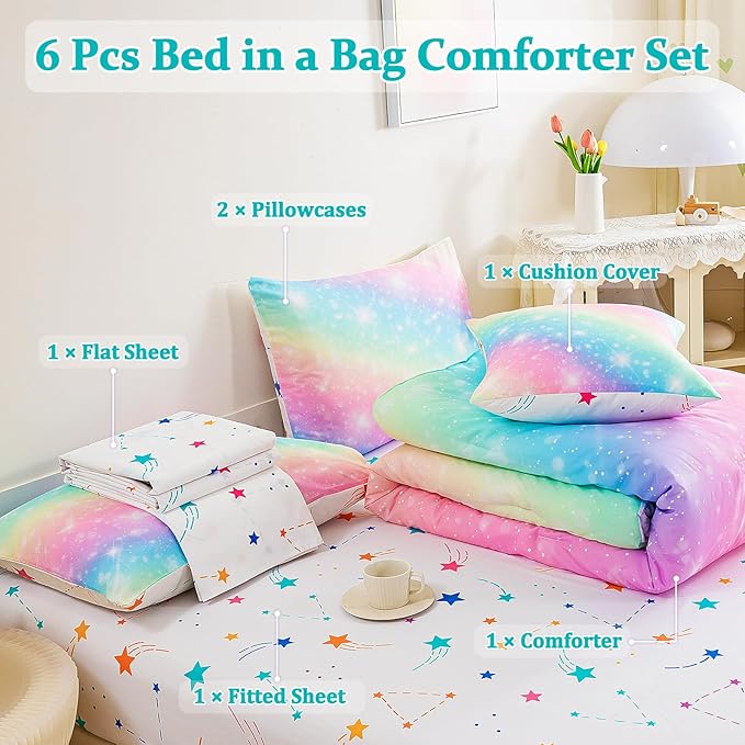 Glitter Galaxy Comforter Set 6 Pcs Bed in A Bag, Ombre Pink Blue Rainbow Girls Full Size Bedding Sets with Sheets