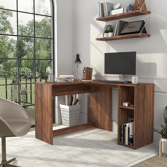 FurnitureR 47.2-Inch L-Shaped Computer Desk Home Office Study Writing Corner Gaming Table Retro Design Work Station Space-Saving for Study Room Bedroom, Walnut