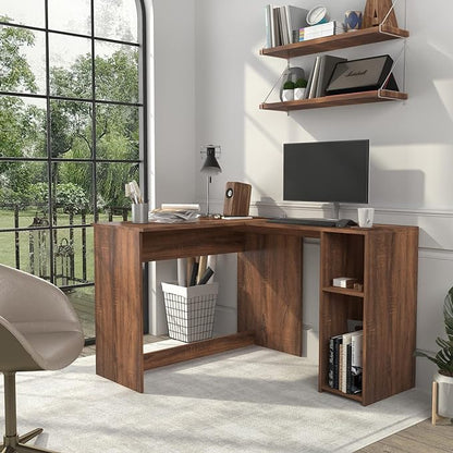 FurnitureR 47.2-Inch L-Shaped Computer Desk Home Office Study Writing Corner Gaming Table Retro Design Work Station Space-Saving for Study Room Bedroom, Walnut
