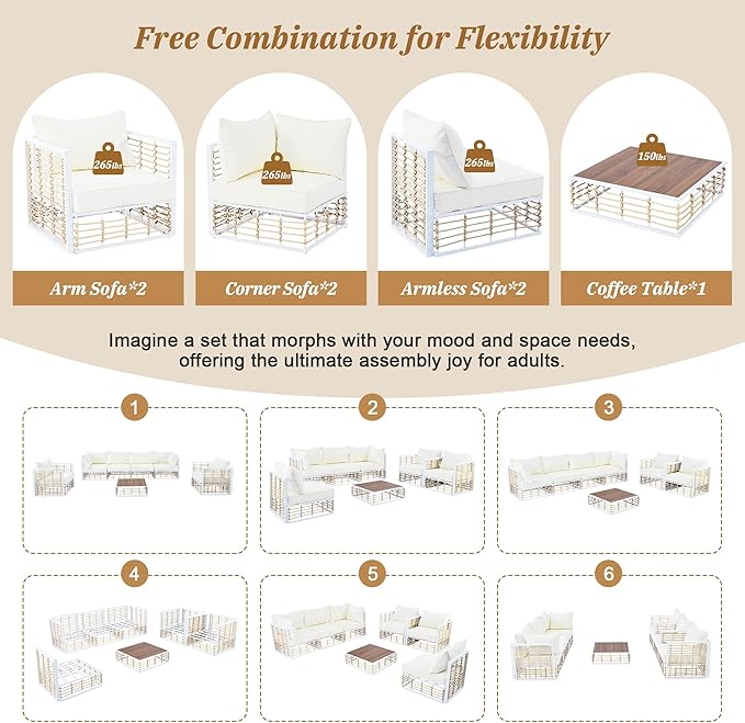 7-Piece Rattan Woven Outdoor Patio Furniture Set, All-Weather Sectional Sofa with Removable Cushions&Coffee Table, Minimalist Style Garden Couch Seating, Onesize, White Frame+Ivory Cushion