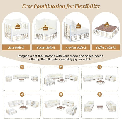 7-Piece Rattan Woven Outdoor Patio Furniture Set, All-Weather Sectional Sofa with Removable Cushions&Coffee Table, Minimalist Style Garden Couch Seating, Onesize, White Frame+Ivory Cushion