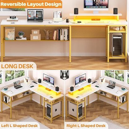 Reversible L Shaped Computer Desk with Power Outlet & Monitor Stand, 55 Inch Office Desk with RGB LED Light, Sturdy Corner Desk with Storage Shelf, Gaming Table, Easy to Assemble, White