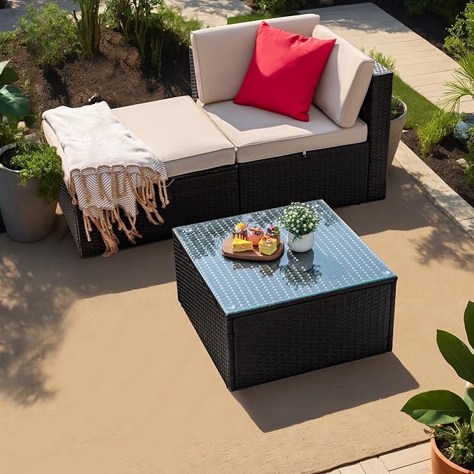 Greesum 3 Piece Patio Conversation Set Wicker Rattan Furniture Outdoor Sofa with Cushions,Pillows and Glass Table for Porch,Lawn and Yard, Beige