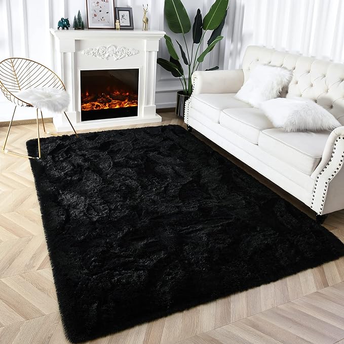 Super Soft Fluffy Shaggy Rugs 4x5.9 Feet for Living Room Bedroom, Fuzzy Plush Area Rugs for Girls Kids Room Nursery Home Decor, Furry Dorm Cute Non-Slip Indoor Floor Carpet, Black