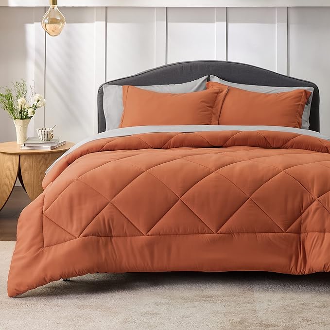 Bedsure Burnt Orange King Size Comforter Set - 7 Pieces Reversible King Bed in a Bag King Bed Set with Comforters, Sheets, Pillowcases & Shams, King Bedding Sets
