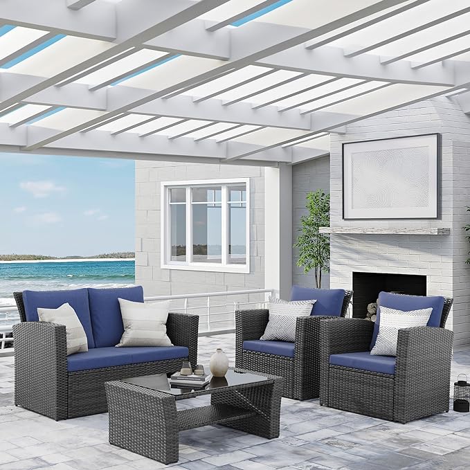 Wisteria Lane 4 Piece Outdoor Patio Furniture Sets, Wicker Conversation Set for Porch Deck, Grey Rattan Sofa Chair with Cushion （Blue